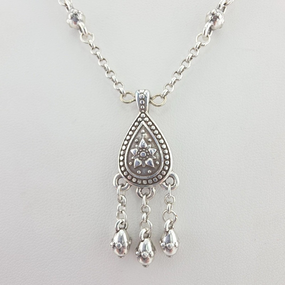 BRIGHTON Chandelier Station Necklace Teardrop Dangle Scrollwork Silver Plate 18"
